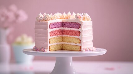 photograph of colorful layer cake with purple background