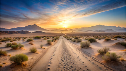 Fototapeta premium Desert Road at Sunrise A Scenic Journey Through Sandy Dunes and Mountains