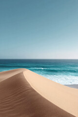 Serene coastal landscape featuring a sand dune meeting the ocean under a clear sky. Perfect for travel, nature, or inspirational themes. Calm, minimal, escape.