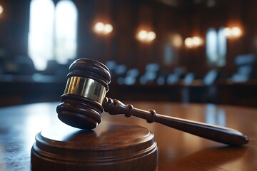 Gavel on Courtroom Table.