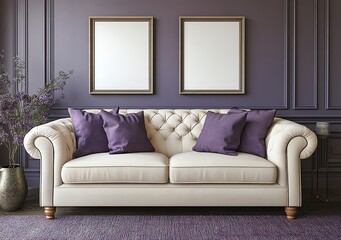 Elegant beige tufted sofa with purple cushions against a stylish purple paneled wall, flanked by two blank framed artworks and a tall vase with greenery.