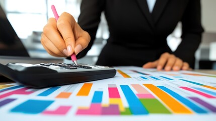 Businesswoman using calculator and reviewing charts. Possible use Business presentation or financial planning