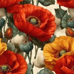 seamless texture artwork showcases intricate designs of red and yellow poppy flowers, capturing their elegance detail. the makes it ideal for vibrant backgrounds artistic applications generative ai