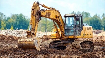 Obraz premium A yellow excavator with a bucket on a construction site. The machinery concept of heavy equipment is evident. The image highlights the industrial and construction theme.