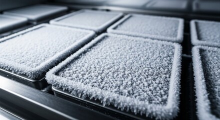 Laboratory Freeze Dryer Interior, close-up of sublimation trays inside lyophilizer, coated in frost