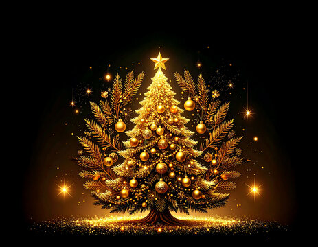 Golden Christmas tree illustration on dark background with many decorative branches, decorations, stars.