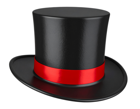 3D Magician Hat Icon with Black Top Hat and Red Ribbon Isolated on Transparent Background PNG, Show, and Entertainment Design.