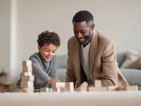 Heartwarming image of a father and son bonding while playing with wooden blocks. Represents family time, childhood, learning, and togetherness. Perfect for parenting, education, or lifestyle content.