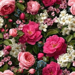 seamless delicate floral arrangements create lush tapestry of colors, ideal for wedding themes. soft pinks and whites blend harmoniously, enhancing the atmosphere celebration joy generative ai