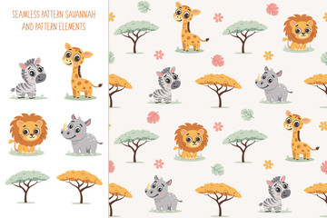 Seamless pattern Savannah and pattern elements: giraffe, zebra, lion, rhino, trees. Children's pattern for textiles, fights, packaging. Vector illustration