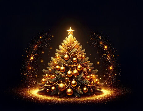Golden Christmas tree illustration on dark background with many decorative branches, decorations, stars.