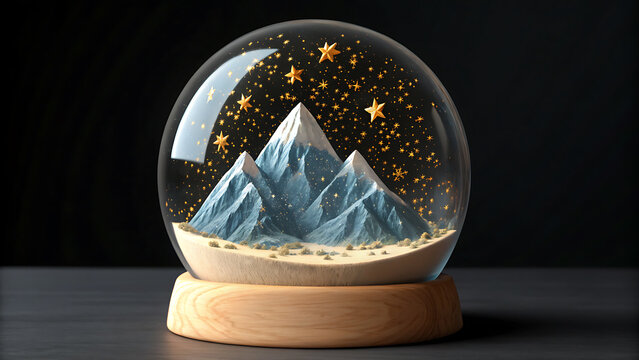 Glass snow globe with mountain range and golden stars - Powered by Adobe