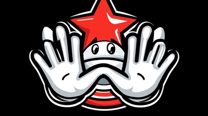 Cartoon hands covering face, red star. Possible use Graphic design element