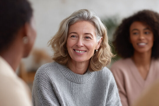 Candid shot of a smiling mature woman in a group setting, suggesting support, teamwork, or therapy. The image evokes trust and inclusivity, ideal for social impact content. - Powered by Adobe