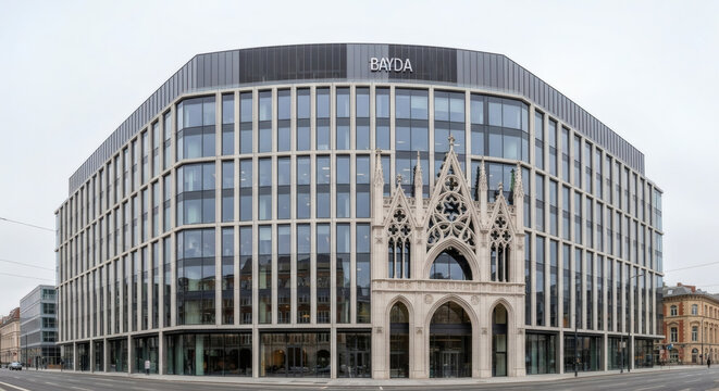 Modern Building with GothicStyle Entrance Glass Facade and BAYDA Sign.