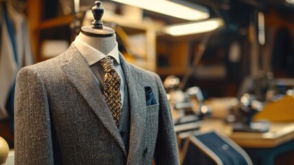 A well-fitted suit on a mannequin in a workshop setting.