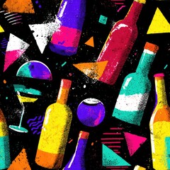 seamless texture vibrant showcases energetic 80s party theme, featuring colorful bottles and playful geometric shapes set against dark background. ideal for design projects generative ai