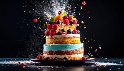 Chaos Cake Concept. Delicious cake adorned with fruits and sprinkled sugar on a dark background.