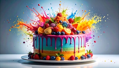 Chaos Cake Concept. Vibrant cake with fruit and colorful splashes of sauce.