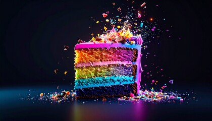 Chaos Cake Concept. Colorful cake exploding with vibrant decorations and sparkles.
