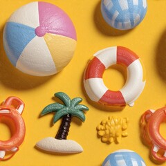seamless colorful summer banner showcases beach ball, inflatable life jacket, and various children's toys. bright sun rays palm trees create fun atmosphere, perfect for festivities generative ai