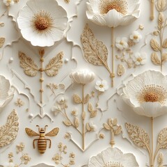 seamless texture stunning showcases design of white flowers and bee, perfect for creating exquisite wedding backgrounds. ideal elegant themes decorations generative ai