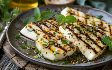 Grilled halloumi cheese seasoned with za'atar and fresh herbs, a delicious Mediterranean appetizer.