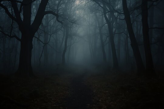 Dark forest path misty trees woodland