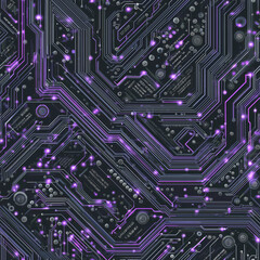 seamless texture showcases circuit board design in dark gray and purple hues, ideal for backgrounds digital print projects. perfect technology themes futuristic aesthetics generative ai