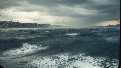 Dramatic ocean view from a ship window as stormy skies and waves arise 4K Ai HD video.

 - Powered by Adobe
