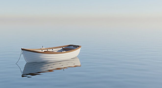 A small white boat floats peacefully on calm water