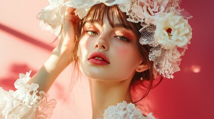 A woman with long brown hair, wearing a white lace hat adorned with flowers, poses against a pink background with a sunlit shadow.