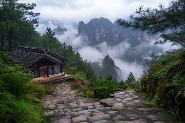 Mountain cabin with stone path, and fog.