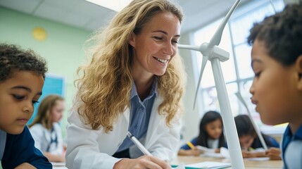 Engaging science teacher demonstrates renewable energy concept with wind turbine model, inspiring young students in bright, modern classroom setting