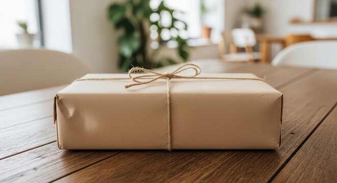 A simple brown paper package tied with twine sits on a wooden table