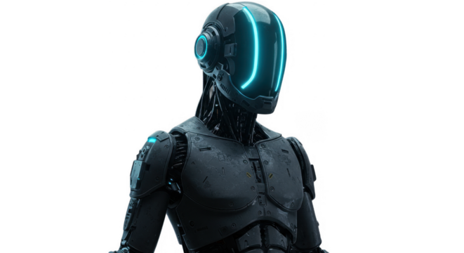 A futuristic robot with a glowing blue visor stands against a white background.