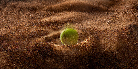 Tennis ball hitting clay surface, creating whirlwind in brown sand with dust dispersion and texture...