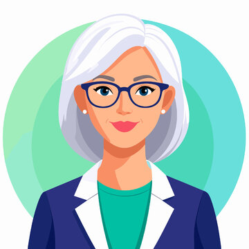 Mature Woman in Blue Suit Illustration with White Hair and Teal Background in Vector Graphics