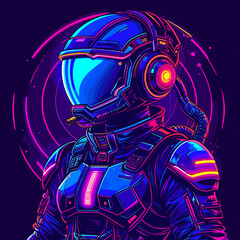 Neon Pixel Art Portrait of a Futuristic Astronaut in Spacesuit on Purple Background with Blue and Pink Highlights