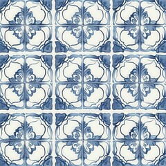 Blue floral pattern on white ceramic tiles seamless