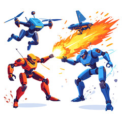 Pixel Art of Orange and Blue Robots Engaging in Battle with Fire Power and a Futuristic Drone on a Plain White Background