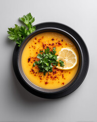 Traditional Turkish mercimek soup with lemon wedge, parsley and chilli flakes
