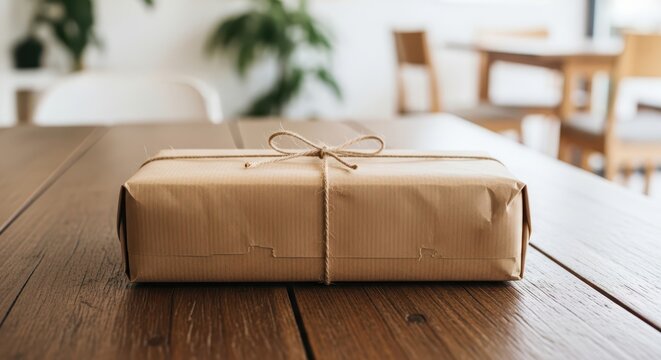 A simple brown paper package tied with twine sits on a wooden table