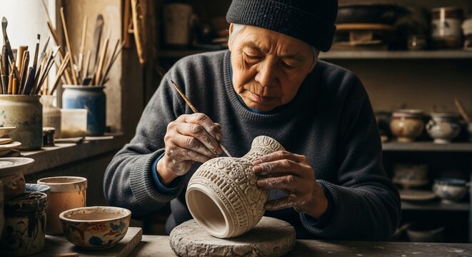 Focused Potter Hand-Crafting Intricate Floral Vase Details in Studio Light