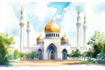 Beautiful mosque with golden domes and minarets