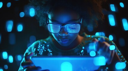 Child focused on tablet in dark, lit by blue light, possible educational use