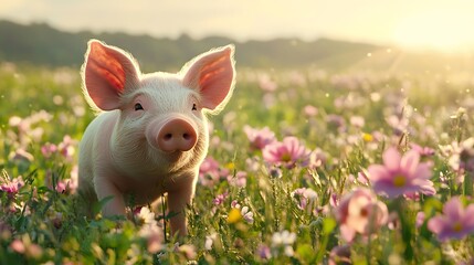 Piglet and mother in beautiful nature meadow high resolution picture