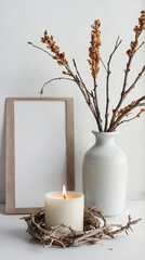 Scenic Still Life of a Burning Candle and Dried Branches
