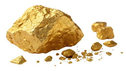 Collection of raw gold nuggets and dust isolated on transparent background