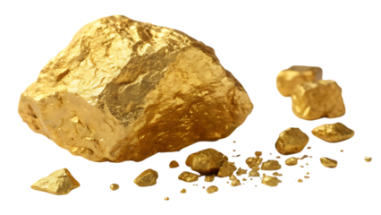 Collection of raw gold nuggets and dust isolated on transparent background